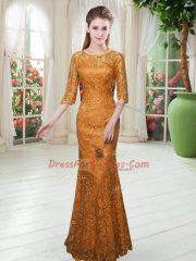 Custom Made Orange Half Sleeves Lace Floor Length Prom Gown