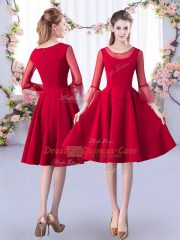 Red A-line Satin Scoop 3 4 Length Sleeve Ruching Knee Length Zipper Vestidos de Damas