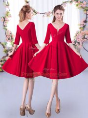 Red A-line Satin Scoop 3 4 Length Sleeve Ruching Knee Length Zipper Vestidos de Damas