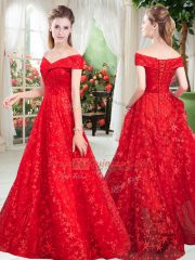 Graceful Red Sleeveless Lace Lace Up Evening Dress for Prom and Party