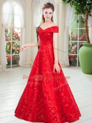 Graceful Red Sleeveless Lace Lace Up Evening Dress for Prom and Party