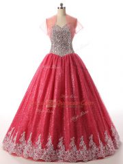 Coral Red Quinceanera Dress Military Ball and Sweet 16 and Quinceanera with Beading and Appliques Sweetheart Sleeveless Lace Up