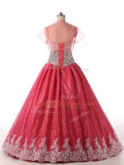Coral Red Quinceanera Dress Military Ball and Sweet 16 and Quinceanera with Beading and Appliques Sweetheart Sleeveless Lace Up