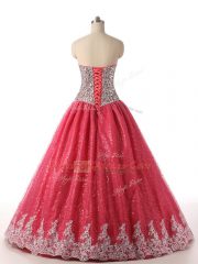 Coral Red Quinceanera Dress Military Ball and Sweet 16 and Quinceanera with Beading and Appliques Sweetheart Sleeveless Lace Up
