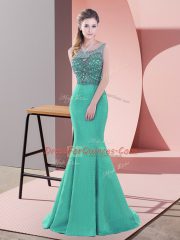 Turquoise Mermaid Satin Scoop Sleeveless Beading Backless Sweep Train
