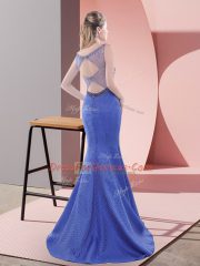 Turquoise Mermaid Satin Scoop Sleeveless Beading Backless Sweep Train