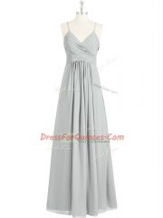Customized Chiffon Spaghetti Straps Sleeveless Backless Ruching Prom Party Dress in Grey