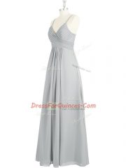 Customized Chiffon Spaghetti Straps Sleeveless Backless Ruching Prom Party Dress in Grey