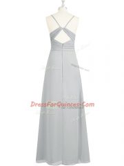 Customized Chiffon Spaghetti Straps Sleeveless Backless Ruching Prom Party Dress in Grey