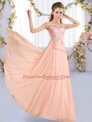 Peach Chiffon Lace Up Quinceanera Court of Honor Dress Sleeveless Floor Length Lace