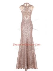 Pink Sequined High-neck Sleeveless Floor Length Prom Gown Ruching