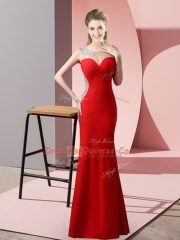 Luxurious Floor Length Red Casual Dresses Satin Sleeveless Beading and Pick Ups