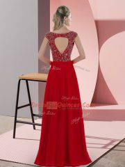 Olive Green Chiffon Backless V-neck Cap Sleeves Floor Length Prom Dresses Beading