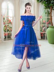 High Low Royal Blue Evening Dress Tulle Short Sleeves Appliques