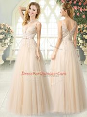 Sleeveless Floor Length Appliques Zipper Prom Party Dress with Champagne