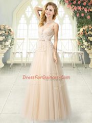 Sleeveless Floor Length Appliques Zipper Prom Party Dress with Champagne