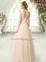 Sleeveless Floor Length Appliques Zipper Prom Party Dress with Champagne