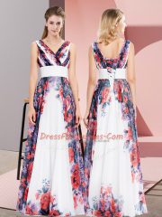 Glamorous V-neck Sleeveless Dress for Prom Floor Length Pattern White Chiffon