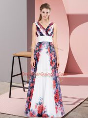 Glamorous V-neck Sleeveless Dress for Prom Floor Length Pattern White Chiffon