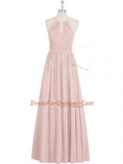 Inexpensive Baby Pink A-line Chiffon Halter Top Sleeveless Ruching Floor Length Zipper Prom Dress