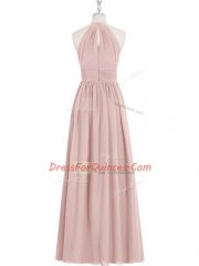 Inexpensive Baby Pink A-line Chiffon Halter Top Sleeveless Ruching Floor Length Zipper Prom Dress