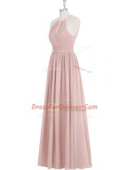 Inexpensive Baby Pink A-line Chiffon Halter Top Sleeveless Ruching Floor Length Zipper Prom Dress