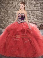 Super Red Ball Gowns Tulle Sweetheart Sleeveless Beading and Embroidery Floor Length Lace Up Quince Ball Gowns