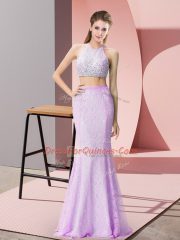 Sexy Lilac Two Pieces Lace Halter Top Sleeveless Beading and Lace Floor Length Backless Evening Dress