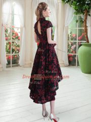 Lace High-neck Short Sleeves Zipper Appliques Prom Dress in Green