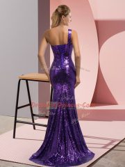 Traditional Purple Mermaid Beading and Appliques Prom Dress Lace Up Sequined Sleeveless