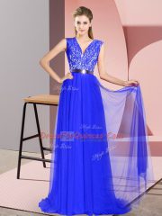 Royal Blue Empire Beading and Lace Prom Gown Zipper Tulle Sleeveless