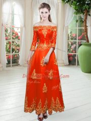 Pretty Orange Red A-line Lace Prom Party Dress Lace Up Tulle 3 4 Length Sleeve Floor Length
