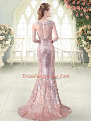 Pretty Apple Green Sleeveless Sequined Brush Train Zipper Dress for Prom for Prom and Party and Military Ball