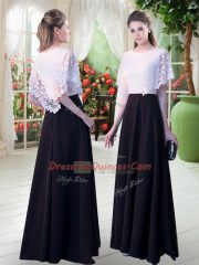 Hot Sale White And Black Short Sleeves Floor Length Lace Zipper Dress for Prom