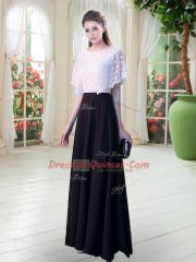 Hot Sale White And Black Short Sleeves Floor Length Lace Zipper Dress for Prom