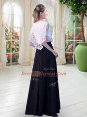 Hot Sale White And Black Short Sleeves Floor Length Lace Zipper Dress for Prom