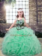 Luxurious Apple Green Lace Up Kids Pageant Dress Embroidery and Ruffles Sleeveless Floor Length