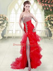 Pretty Red Prom Gown Sweetheart Sleeveless Brush Train Lace Up