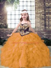 Embroidery and Ruffles Kids Pageant Dress Gold Lace Up Sleeveless Floor Length