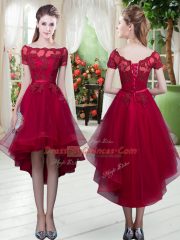 Amazing A-line Dress for Prom Wine Red Off The Shoulder Tulle Short Sleeves High Low Lace Up