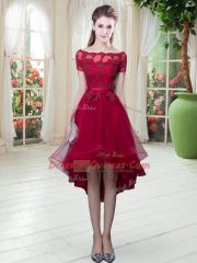 Amazing A-line Dress for Prom Wine Red Off The Shoulder Tulle Short Sleeves High Low Lace Up
