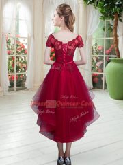 Amazing A-line Dress for Prom Wine Red Off The Shoulder Tulle Short Sleeves High Low Lace Up