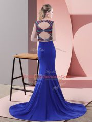 Beading Prom Gown Turquoise Backless Sleeveless Sweep Train