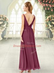 Wine Red Sleeveless Ruching Floor Length