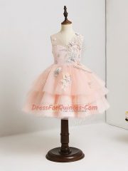 Pink Ball Gowns Tulle V-neck Sleeveless Appliques Mini Length Zipper Flower Girl Dress