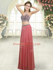Comfortable Sleeveless Chiffon Floor Length Backless Prom Evening Gown in Watermelon Red with Beading