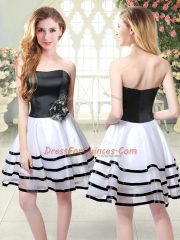 Admirable Strapless Sleeveless Prom Gown Mini Length Ruffled Layers and Hand Made Flower White And Black Organza