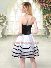 Admirable Strapless Sleeveless Prom Gown Mini Length Ruffled Layers and Hand Made Flower White And Black Organza