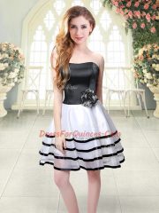 Admirable Strapless Sleeveless Prom Gown Mini Length Ruffled Layers and Hand Made Flower White And Black Organza