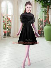 Black Zipper Party Dress Lace Short Sleeves Knee Length